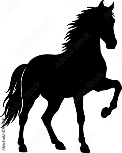 Spirited horse silhouette in a graceful prancing pose with a flowing mane. Black vector icon of a powerful stallion or mare, isolated on a white background. A symbol of freedom and elegance.