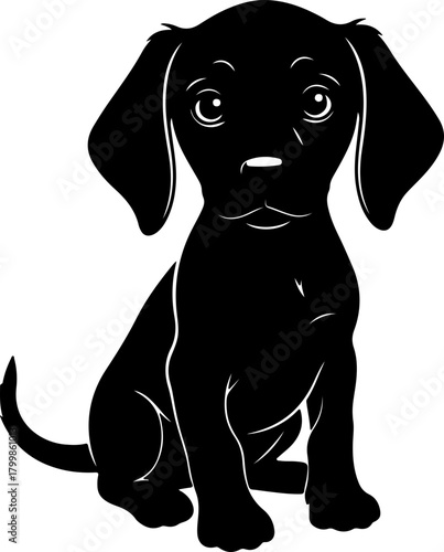 Adorable puppy dog silhouette with big sad eyes and long floppy ears. Black and white vector illustration of a cute sitting hound or beagle pup, isolated on a white background. Soulful and charming.