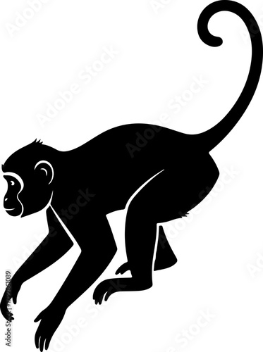 Playful monkey silhouette with a long curled tail. Isolated black vector icon of a jungle primate in a crawling pose on a white background. Simple and clean wildlife graphic.