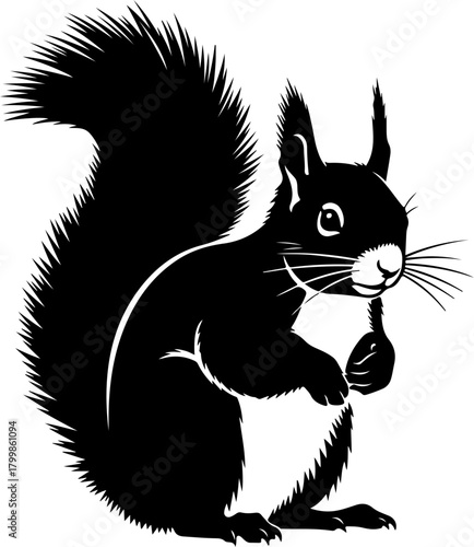 Charming black squirrel silhouette with a bushy tail holding a nut. Detailed vector icon of a cute woodland rodent in a graphic, woodcut style. Isolated on a white background for easy use.