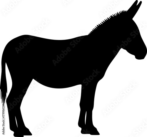 Black donkey silhouette standing in profile. Isolated vector graphic icon of a farm animal or mule on a clean white background. Simple, bold, and classic design element.