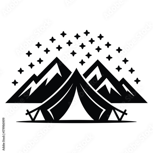 Illustration of a tent in front of mountains with stars above isolated on white background Vector Art