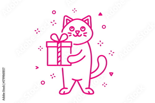 Smiling pink cat holds a present box amid confetti on a white background