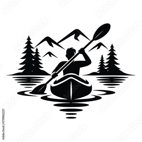 Silhouette of a kayaker paddling on a lake surrounded by mountains and trees isolated on white background