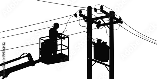 Utility worker silhouette vector, bucket lift platform illustration, electrical pole maintenance artwork, power line repair scene, infrastructure safety, energy distribution system design