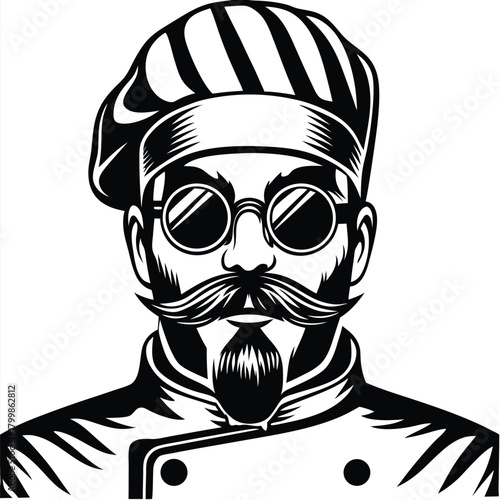 Striking monochrome chef portrait showcases skilled culinary artist with distinctive mustache and round glasses
