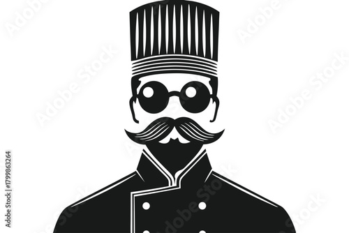 Stylized monochrome chef head with a tall toque, glasses, and handlebar mustache presents culinary charm
