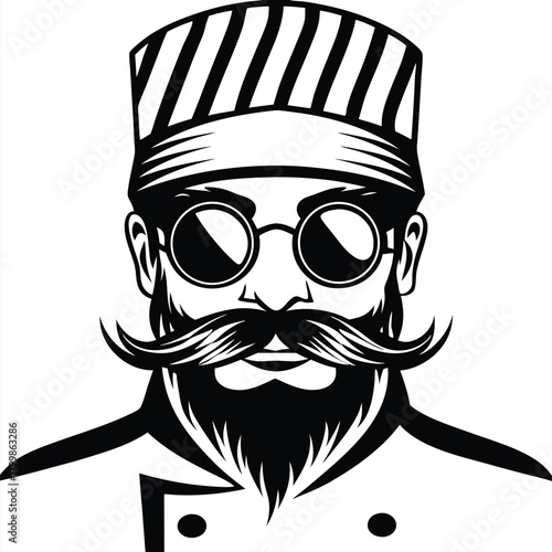 Striking bearded chef with round sunglasses and a striped hat appears confident in black and white