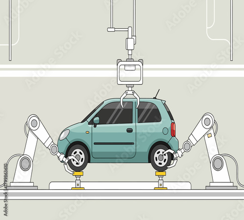 Illustration of a car is being assembled by robotic arms in a factory, showcasing the automation and precision of modern automotive manufacturing