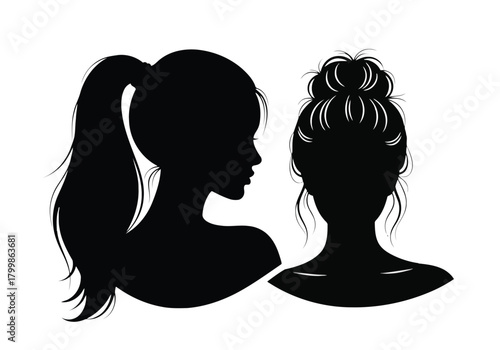 Vector illustration of silhouette of a woman with ponytail and bun isolated on