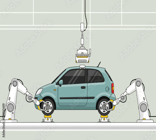 Illustration of a car is being assembled by robotic arms in a factory, showcasing the automation and precision of modern automotive manufacturing