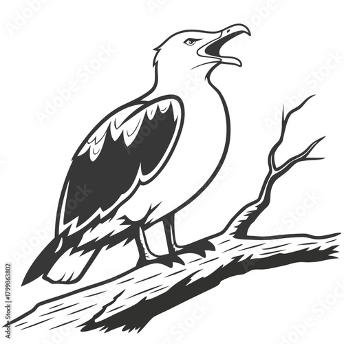 Stylized seagull perched on a branch with open beak
