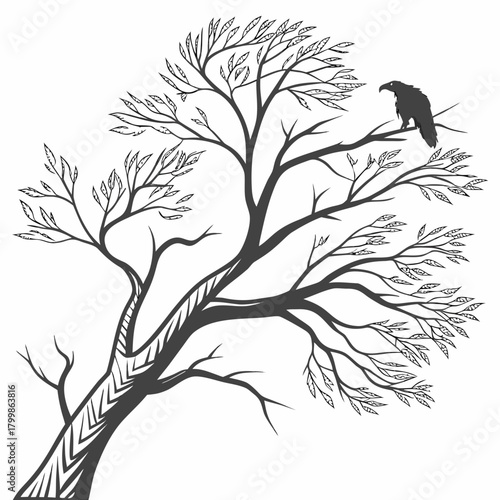 Stylized silhouette of a bare tree with a crow perched on a branch