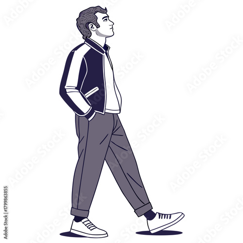 Stylish young man walking with hands in pockets looking up