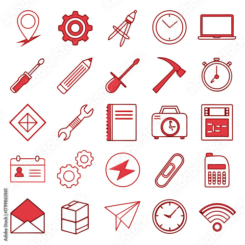Collection of red outline icons representing tools and business concepts