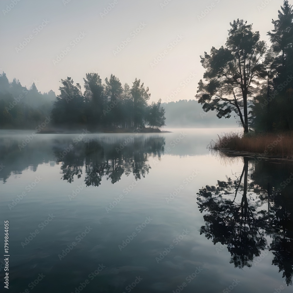 Fototapeta premium Generated AI, Calm lake with mirror reflection, foggy morning, soft cinematic light, minimalist landscape