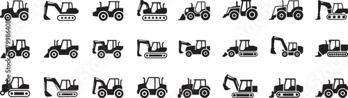 set List of Black construction vehicles, tractors, and heavy machinery icons. Sideview artwork of construction and industrial vehicles. with white backgroundset List of Black construction vehicles,