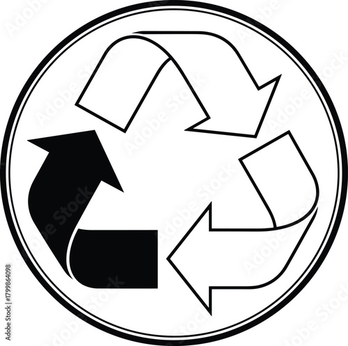 Recycling symbol icon, black and white, universal reuse sign, ecology logo, circular arrows, waste management, vector graphic, isolated element, environment conservation, pictogram.