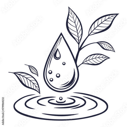 Water drop with plant and ripples symbolizing growth and nature