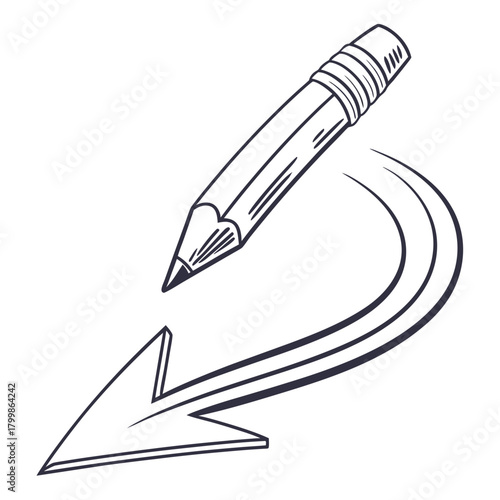 Hand drawn pencil creating a curved arrow symbol