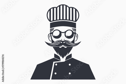 Spectacled chef with a mustache and beard is shown wearing traditional uniform here