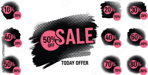 Sale banner set, 50 percent off, grunge discount sticker, halftone dots, black pink promotion badges, today offer, vector graphic collection.