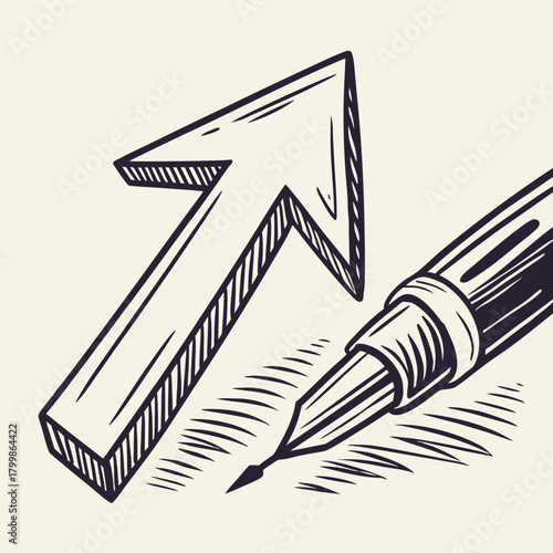 Hand drawn arrow pointing up with a fountain pen drawing it