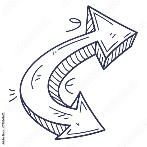 Hand drawn curved arrow pointing right and down with shading