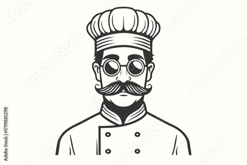 Monochrome chef with glasses and mustache in a chef uniform looks forward confidently