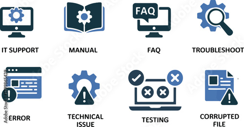IT Support and Troubleshooting Icon Set – Error Alerts, Maintenance, Installation, Cloud Computing & Online Assistance