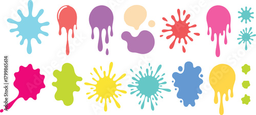 Collection of colorful paint splatters and drips in various shapes and sizes