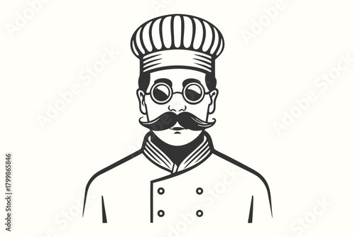 Portrait depicts a chef with a tall hat, eyeglasses, and a distinctive mustache