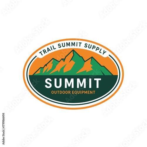 Oval logo design featuring mountains, text, and a color scheme of orange, green, and white.