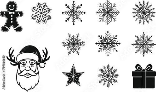 Christmas holiday icons, snowflakes, gingerbread man, Santa face, gift box, star, festive vector set, winter, black, silhouette, minimal