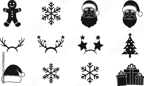 Christmas icon vector set, Santa face, snowflake, gingerbread man, antler headband, gift box, festive silhouette, black and white design