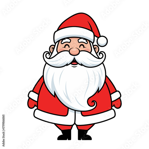 A cheerful cartoon illustration of Santa Claus with a big white beard and a red suit.