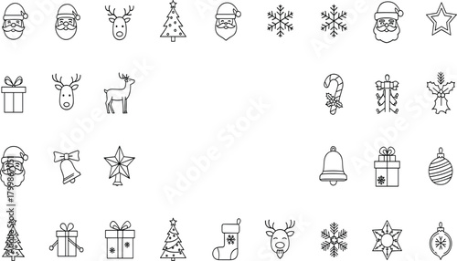 Christmas icons collection with Santa Claus, reindeer, snowflakes, bells, stars, candy canes, ornaments, holly, festive presents, holiday celebration vector