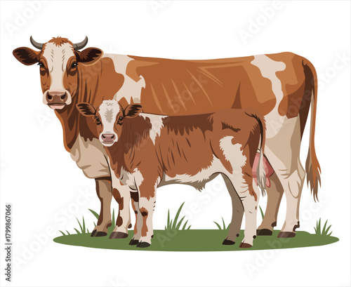 A illustration of mother cow and her calf stand together in a grassy field
