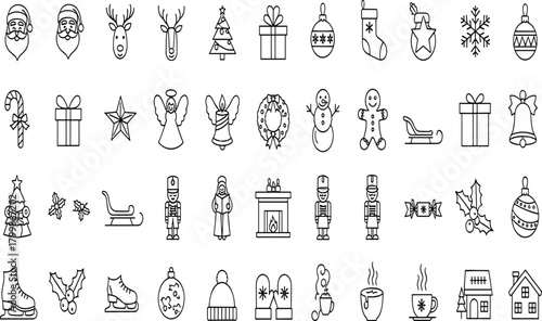 Christmas, holiday, festive, icon, silhouette, Santa, reindeer, tree, gift, ornament, snowflake, wreath, angel, snowman, bell, stocking, candy, star, fireplace, nutcracker, decoration