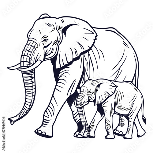 Majestic mother elephant walking with her adorable baby calf side by side