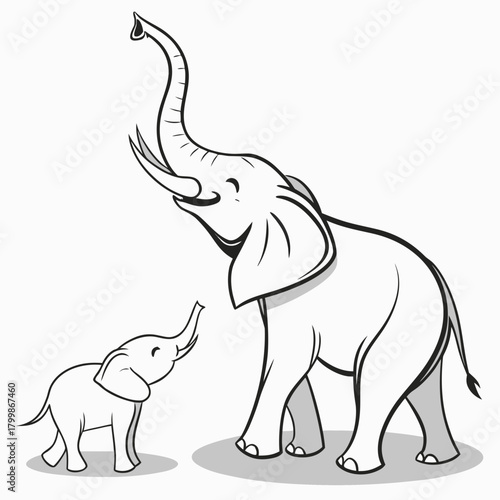 Joyful mother and baby elephants with trunks raised in a happy greeting against a white background