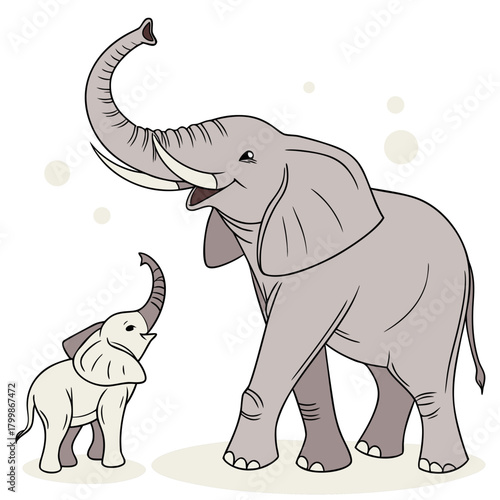 Joyful mother and baby elephants with trunks raised in celebration on a white background