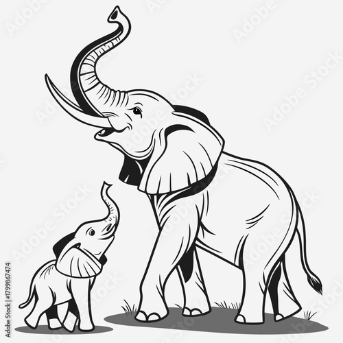 A mother elephant and her baby playfully interacting with their trunks raised in a joyful greeting