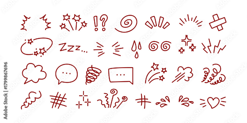 Obraz premium Expression sign. Comic doodle elements, cartoon speech bubble, manga expression symbols, question and exclamation mark, star sparkle, swirl and explosion. Vector anime set