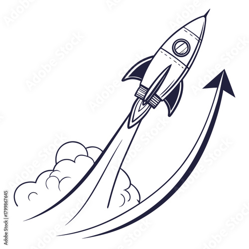 Stylized rocket ship launching upwards with smoke trails and an upward trending arrow