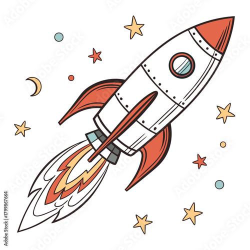 Retro style rocket ship blasting off into starry space with moon and planets