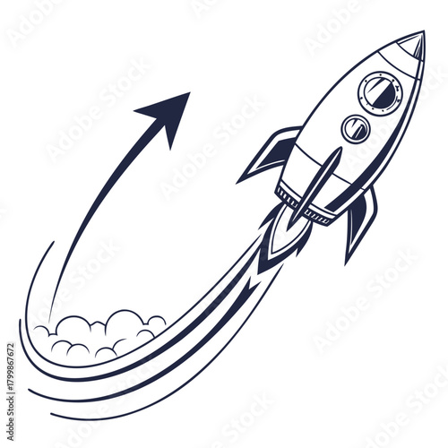 Stylized rocket ship blasting off with a trailing arrow indicating upward trajectory and progress
