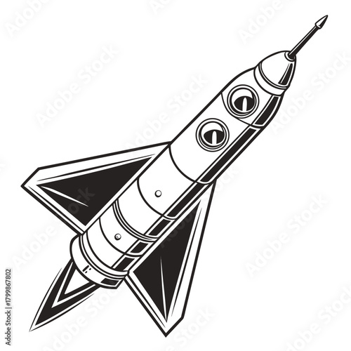 Retro style rocket ship blasting off into space with stylized fins and exhaust flames