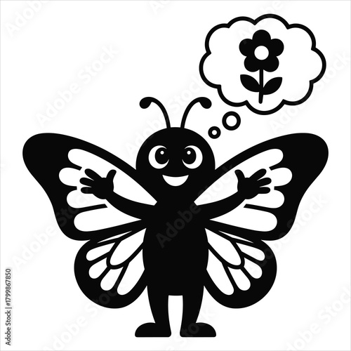 Happy cartoon butterfly dreams of flower, cute character design isolated on white background, Vector