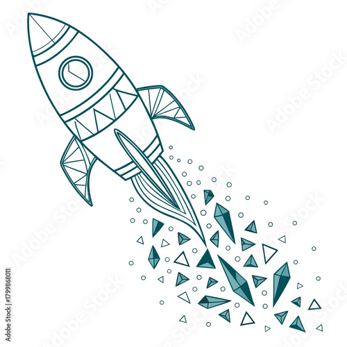 Whimsical teal line art rocket ship launching with geometric crystals and circles